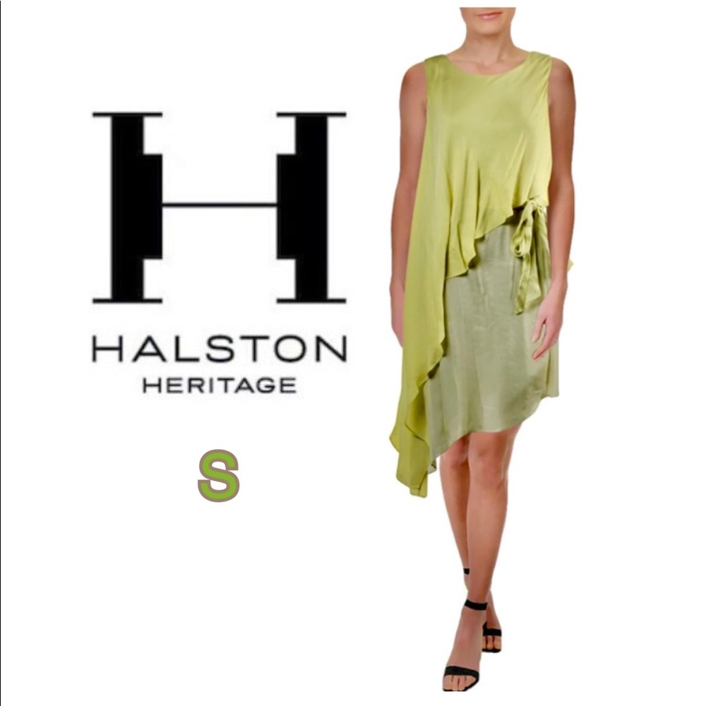 NWT HALSTON HERITAGE asymmetrical silk cocktail dress tie lime citrus matcha